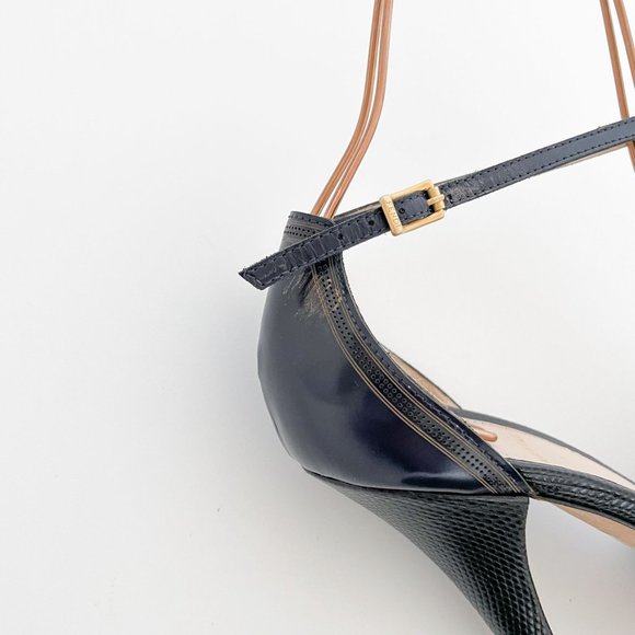 Fendi T-Strap Platform Sandal Navy Size 39 US 9 Blue Laser Cut Peep Toe Heel - Picture 9 of 13
